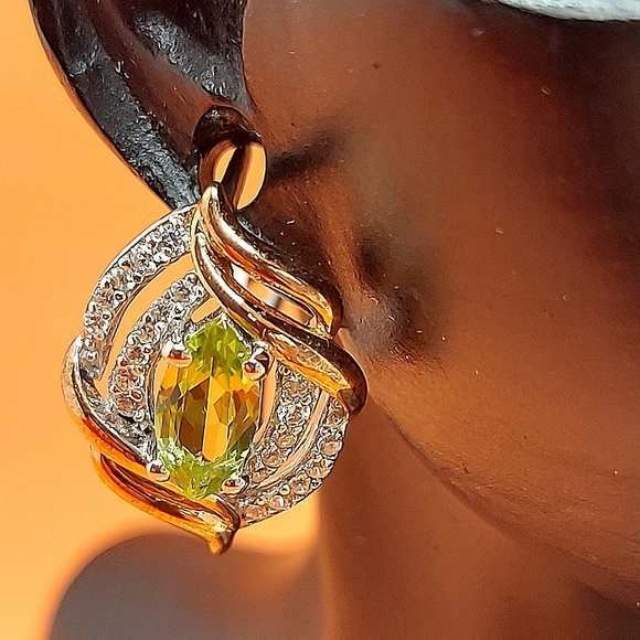 Natural Peridot & CZ 925 Sterling Silver Earrings - Picture 5 of 7